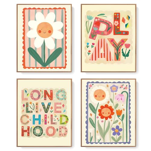 LARTSFRO Cute Kids Floral Wall Art Decor Posters, Smile Floral Artwork Room Bedroom Bathroom Playroom Wall Art Decor Aesthetic for Toddler Nursery Kids Gifts, Play Room Decor for Kids Colorful Wall Decor, 10x8 Inch Set of 4 Pcs Pictures (UNFRAMED)