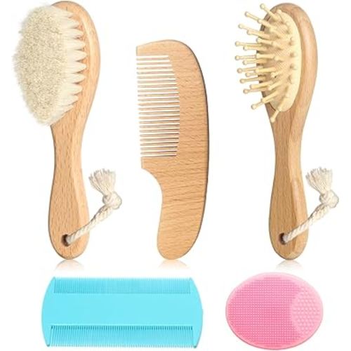 Goat Baby Hair Brush Set, Wooden Comb Massage Scalp Comb, Safe Natural Hair Care Kit, Soft Silicone Bath Brush for Newborns Toddlers (Brush Set+ Pink Massager)