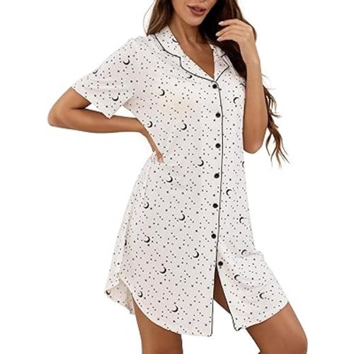 KCW Nightgown for Women Button Down Nightshirt Short Sleeve Sleepshirt Modal V Neck Sleepwear Pajama Dress