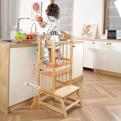 Toddler Tower Adjustable Height, Kids Kitchen Step Stool with Safety Rail | Natural Wood Kitchen Stool for Kids Living Room Countertops and Bathroom Sinks