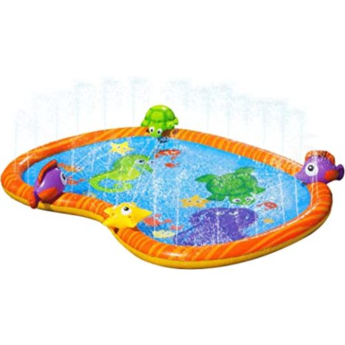 BANZAI Splash Pad Toddler Water Play Mat, 58 in Outdoor Kids Sprinkler Mat with 3D Sea Characters, Baby Splash Pad for Backyard Summer Fun