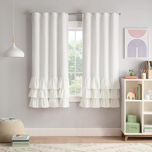 Eclipse Blackout Curtain, Tiered Ruffle Kids Curtain, 63 in x 40 in, Thermaback 100% Blackout Curtain with Rod Pocket Header, Curtain for Kids Room or Playroom, 1 Window Curtain, White