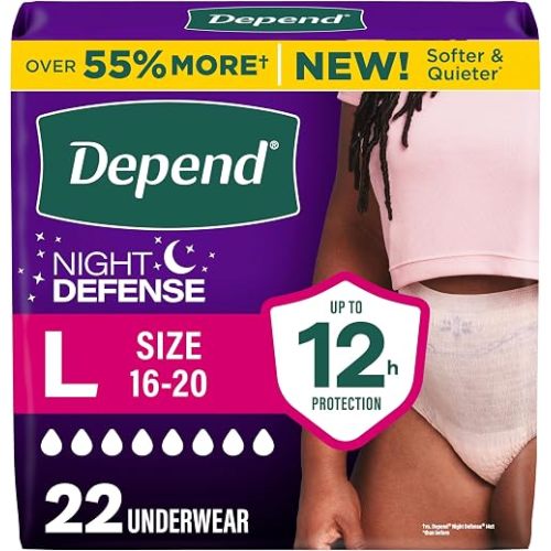 Depend Night Defense Adult Diapers, Incontinence & Postpartum Bladder Leak Underwear for Women, Disposable, Overnight, Large, Blush, 22 Count, Packaging May Vary