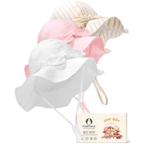 FURTALK 3 Pack Baby Sun Hat Toddler Beach Hat Girls UPF 50+ Wide Brim Infant Kids Summer Adjustable Sun Protection