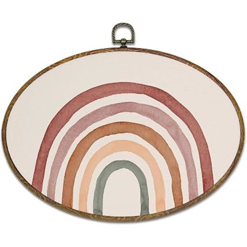 kdqua Vintage Boho Rainbow Oval Wall Art Decor, Boho Canvas Artwork Framed, Retro Minimalist Neutral Rainbow Wall Hanging Decorations for Home Bedroom Kids Nursery Room Classroom, 11.4x8.6 Inch