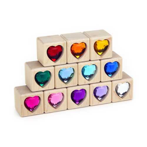12 piece Rainbow Heart Gem Cube Unit Blocks | Solid Hard Maple Wooden Building Toy Construction Set for Kids & Valentine's Day Decor