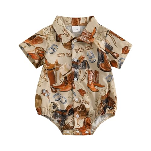 Newborn Infant Western Baby Boy Clothes Cowboy Button Down Dress Shirt Bubble Romper Bodysuit Country Style Outfit