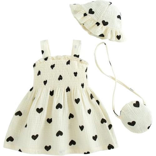 Renotemy Baby Girl Dresses Cute Summer Baby Girl Clothes Gifts 3Months-3T | Toddler Girl Clothes,Infant Dress for Girls with Hat and Bag,Smocked Sleeveless Sundress,Princess Beach Boho Clothing