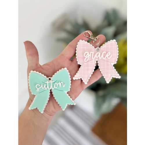 Scalloped Bow Backpack Name Tags - School Bookbag Lunch Box Name Tags - Personalized Name Thas