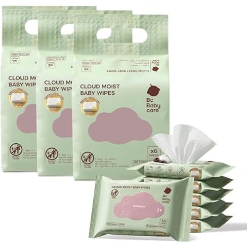Bc Babycare Cloud Moist Baby Travel Wipes, 18 Pack, On The Go Pocket Size, Ultra Thick, 99% Water, Unscented, Hypoallergenic for Sensitive Skin, Biodegradable