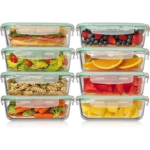 Fusion Gourmet 8 Pack 35 oz Glass Storage Containers with Lids - Airtight, Leakproof, Oven, Microwave & Freezer Safe, Stain & Odor Resistant, Reusable Meal Prep Containers (16-Piece)