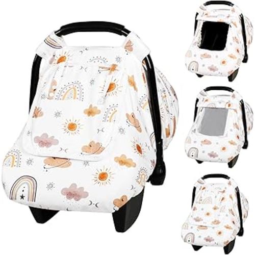 Car Seat Cover Baby, Anti-Kick Carseat Covers Baby Girl, Warm Minky Infant Car Seat Canopy with Mesh Window, Multi-Use Cover Protecting Baby from Wind, Sun, Strangers, White Rainbow