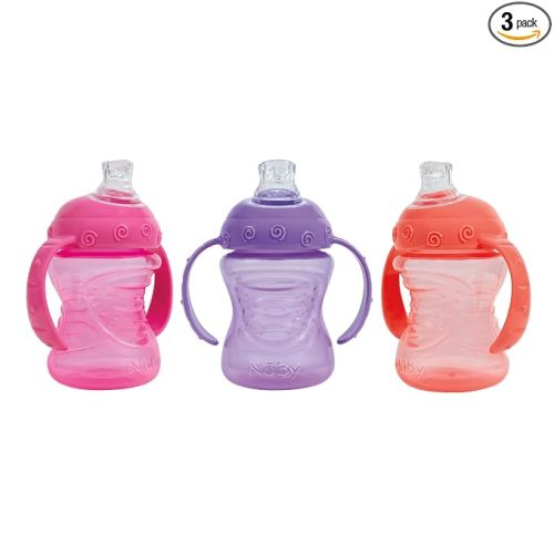 Nuby 3-Pack Two-Handle No-Spill Super Spout Grip N' Sip Cup, 8oz, 3 PK - Coral, Pink, Purple
