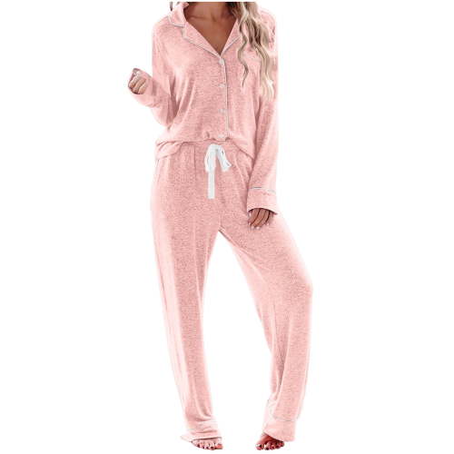 Tnhcen 2 Pieces Button Up Pajamas for Women Set Long Sleeve Shirt Pants Soft Nightwear Homewear Sets S-2XL