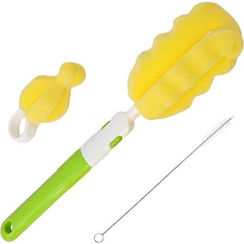 MoomooBaby Triple Baby Bottle Cleaner Brush Set - Includes Baby Bottle Brush Cleaner, Nipple Brush & Straw Cleaning Brush - Eco-Conscious Plastic Handle with Non-Slip Grip, Replaceable Sponges - Green