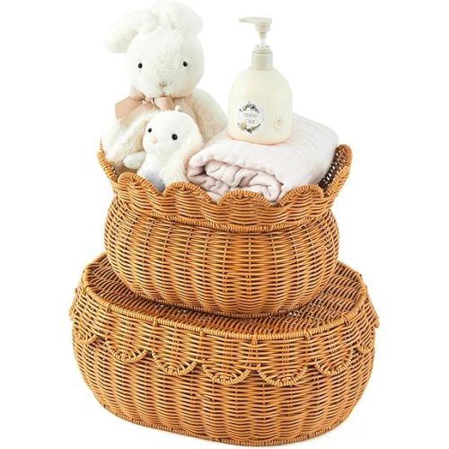 Juexica 2 Pcs Scalloped Rattan Baskets, Baby Diaper Caddy, Woven Rattan Wicker Storage Baskets with Lid for Nursery Storage Diaper Organizer Bathroom Decor (Dark Brown,Small,Medium)
