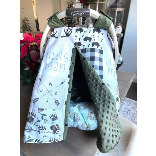 Cute Baby Car Seat Canopy Cover - Little Man Woodland Animal - All Cotton or Minky - Baby Boy - Shower Gift