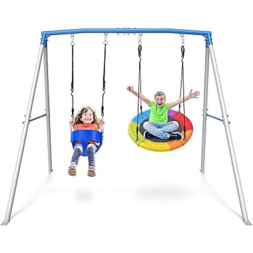 Trekassy Swing Sets for Backyard, 440lbs Heavy Duty A-Frame Metal Swing Stand with 1 Saucer Swing and 1 Toddler Swing Outdoor Kids Play Equipment for Playground Playset