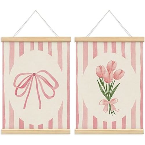 ETYZE Coquette Pink Bow Tulip Floral Wall Art Poster Hanger Frame, Spring Coquette Wall Decor, Preppy Girly Room Decor, Pink Preppy Canvas Wall Art for Girls Room Dorm Apartment, 12x16 Inch Set of 2
