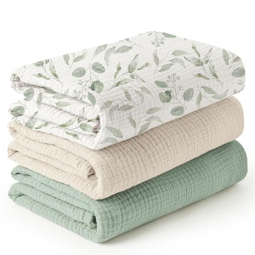 Konssy 3 Pack Muslin Swaddle Blankets for Unisex, Newborn Receiving Blanket, Large 47 x 47 inches, Soft Breathable Muslin Baby Swaddles for Boys & Girls