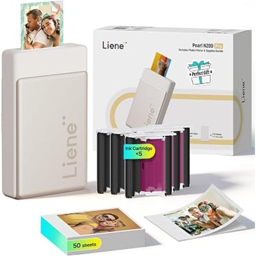 Liene Pearl N200 Pro Portable AI Photo Printer, Instant Mini Picture Printer for iPhone Smartphone, Thermal Dye Sublimation, Bluetooth Sticker Maker 50 Sheets 2x3 Adhesive Paper & 5 Cartridges, Gold