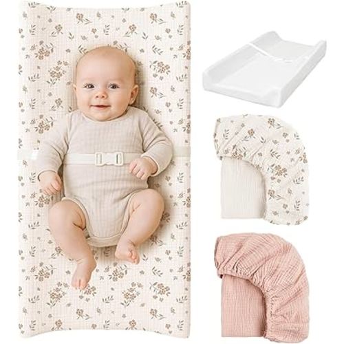 Konssy Muslin Changing Pad with Waterproof Lining Foam, Includes 2 Pack Soft & Cotton Cover, Baby Diaper Changing Pad for Dresser or Table, 32x16 inches (Blossom,Pink)