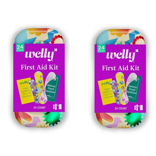 Welly Quick Fix, On The Go First Aid Kit, Assorted Bandages, Ointments, and Hand Sanitizer, Three Color Bandages - 2 Pack