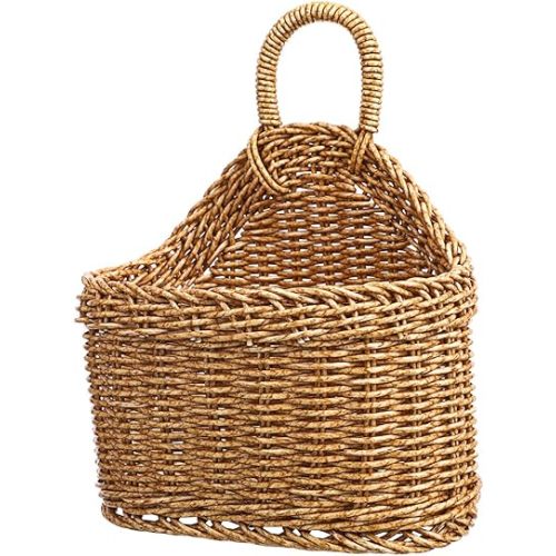 Small Plastic Woven Wall Hanging Basket: Kitchen Rustic Wicker Organizer for Vegetable Garlic Potato Onion Fruit Flower Storage - Boho Keeper Organizer Holder Bin for decor, 9.3X7.5X4.7In