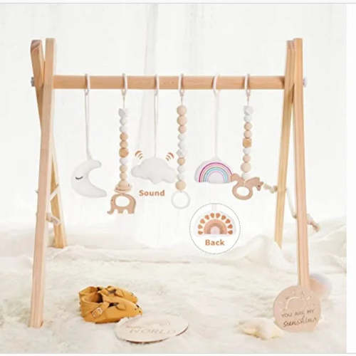 Foldable Wooden Play Gym With 6 Toys