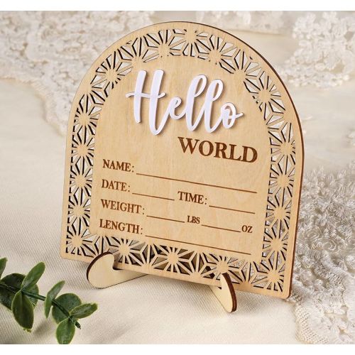 Bleed Proof Engineered Wood, 5.5 Inch Wooden Birth Announcement Sign with Easel Stand, 3D Arcylic Hello Sign, Newborn Announcement Plaque for Girl Boy Photo Prop Baby Shower Nursery Hospital - Rustic