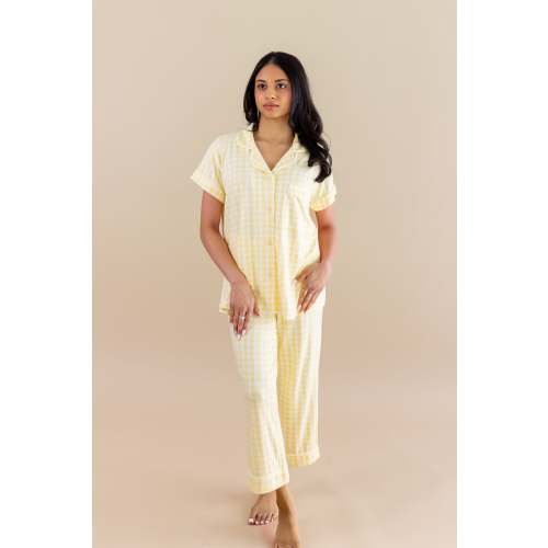 Women's Short Sleeve Cropped Pajama Set in Gingham Chamomile