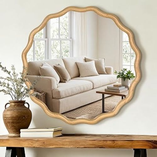 AMOISE Round Wavy Wall Mirror, 30" Circle Boho Scalloped Mirror