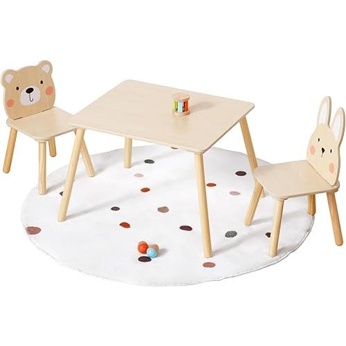Wooden Kids Table and Chairs, Adorable Toddler Table with 2 Animal Chairs Rabbit and Bear for Playroom, Nursery, Preschool, Kindergarten, Furniture Set for Boys Girls