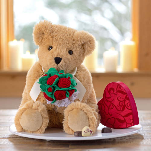 20 In. World's Coziest Bear with Rose Bouquet – Vermont Teddy Bear