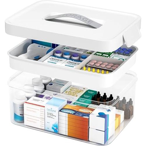 Clear Medicine Organizer Storage Box with Removable Tray, White