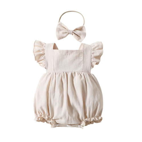 Likimi Children Girls Romper With Headbands Square Neck Ruffles Fly Sleeve Solid Color Fashion Soft Bodysuits Beige Size 3-6 Months