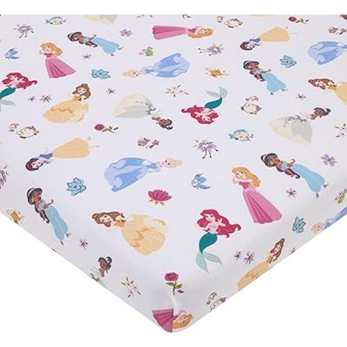 Disney Princess Pink, Blue, Yellow, and White Super Soft Nursery Fitted Mini Crib Sheet