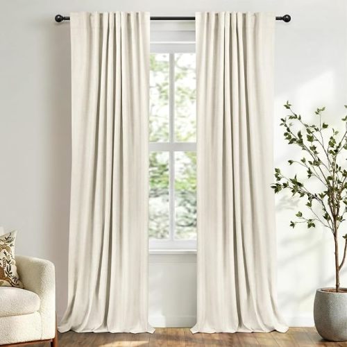Linen Blackout Curtains for Bedroom 84 Inches Long, Back Tab/Rod Pocket Living Room Drapes, Thermal Insulated Blackout Curtains 2 Panels Set, 50" W x 84" L, Beige White