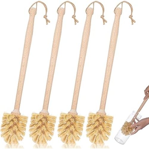 4PCS Bottle Brush Cleaner, Natural Wood Dish Scrub Brush with Sisal Bristles for Cleaning Bottles Mugs Jars Glasses Dishes Vases, 13.6 x 2.6 Long Handle Non-Scratch Cup Brushes
