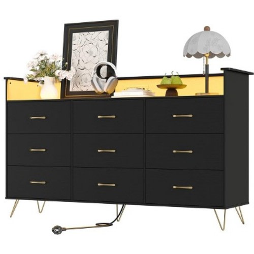 9 Drawer Wooden Dressers  with LED Lights & Charging Station, Wood Chest of Drawers with App Control, Storage Cabinet for Living Room, Closet