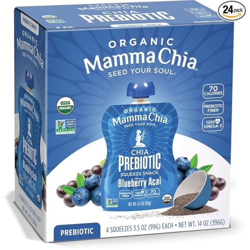 Mamma Chia Organic Prebiotic Squeeze Snack, Blueberry Acai, Fiber-Rich Prebiotic Gut Support, USDA Certified Organic, Non-GMO, Vegan, Gluten Free, 14 Ounce (Pack of 6)