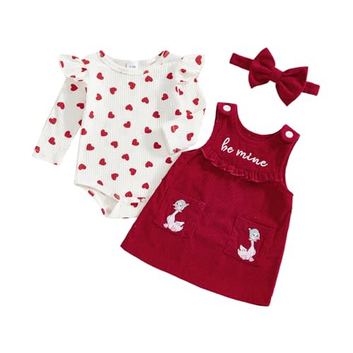 Yccutest Newborn Valentines Clothes Baby Girl Ribbed Romper Top Corduroy Overall Skirt Set Infant Valentines Day Heart Outfit