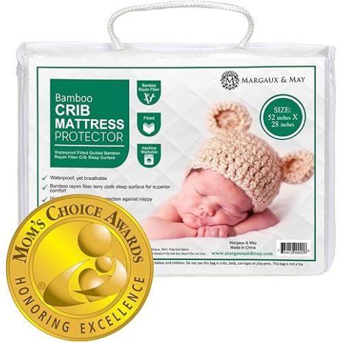 Margaux & May Crib Mattress Protector Pad - Ultra-Soft Waterproof Breathable Premium Bamboo Rayon - Noiseless Fitted Dryer Safe Cover. High Absorbency Oeko-TEX Certified (28 x 52 x 9 inches)