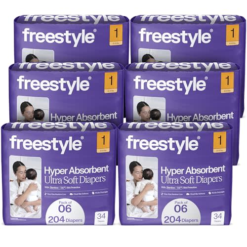 Freestyle BambooTek Diapers - (Size 1) Hyper Absorbent & Non-Toxic  Disposable Diapers for Sensitive Skin  Ultra Soft Diapers (8-14 lbs)  204 Count