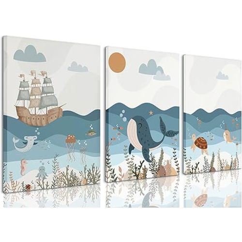 LYPHNX Framed Blue Ocean Nautical Nursery Canvas Wall Art Sea Turtle Whale Animal Painting Picture Set of 3 Kids Prints Poster Wall Decor for Baby Boys Girl Children's Room Bedroom Bathroom 16"x24"