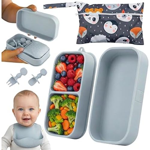 Travel Silicone Portable Feeding Supplies - Toddler Suction Plates, Silicone Baby Spoon & Fork, Lightweight Foldable Bib & Waterproof Storage Bag - 6 Piece Set