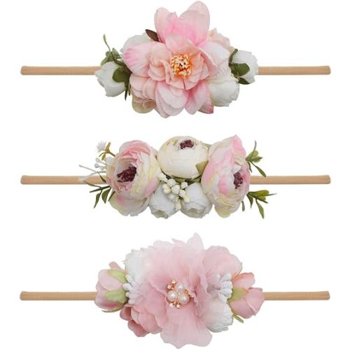 Baby Girl Floral Headbands- 3pcs Nylon Headband Handmade Flower Crown Elastic Hairband Newborn Toddler Hair Accessories Gifts for Girls (1-6 years old)