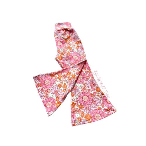 Girls Bell Bottoms: Retro Pink Floral Flare Pants