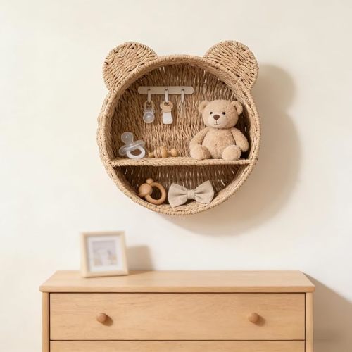 Bear Nursery Decor Wall Shelf, Handwoven Wicker Nursery Shelves for Wall, Wall Mounted Nursery Bookshelf for Small Books, Toys & Decor