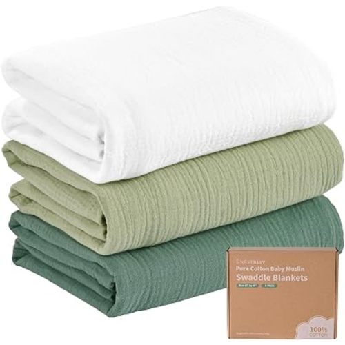 NESTALLY Cocoon Muslin Swaddle Blankets 3 Pack, Green & White